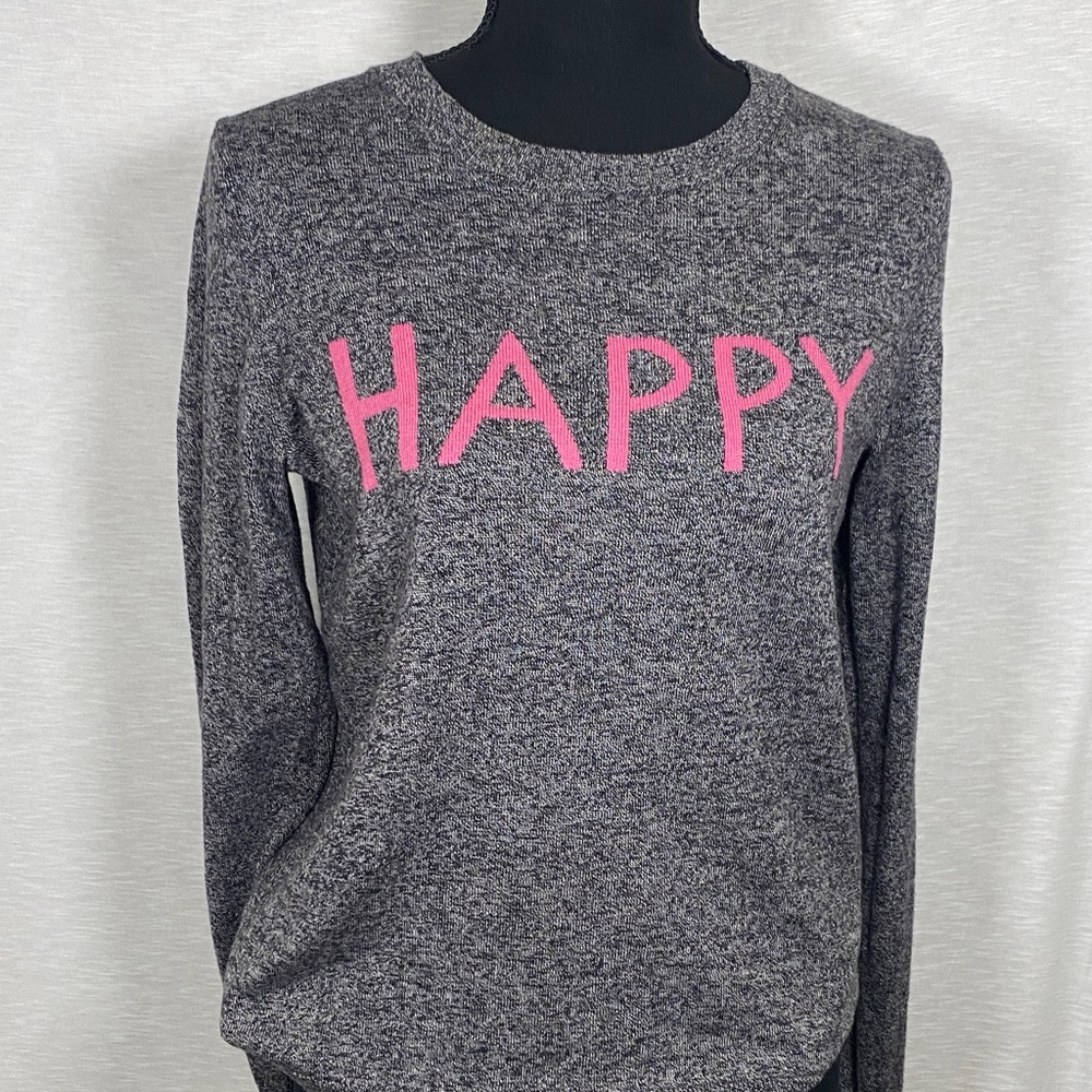 GAP Knit Sweater Women’s Small Charcoal Gray “Happy” Text Soft Merino Wool Blend